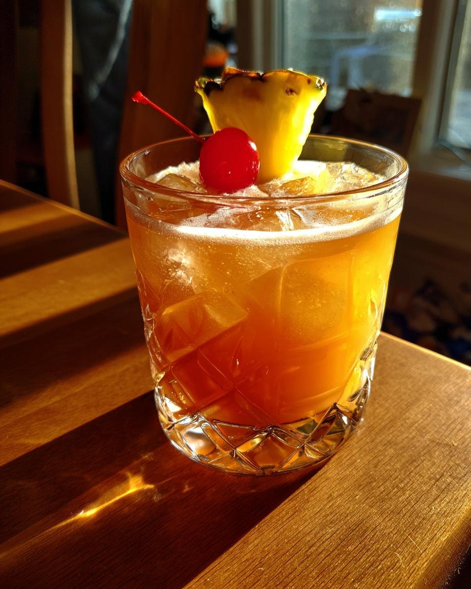 A close-up of a Tia Mia cocktail in a glass, garnished with pineapple and a maraschino cherry, on a wooden table.