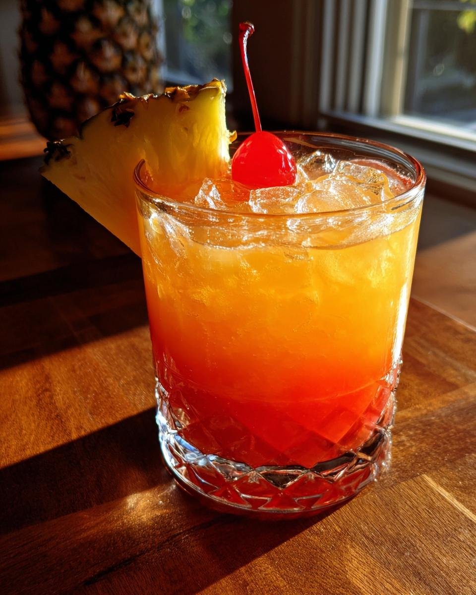 A refreshing Tia Mia cocktail with layered orange and red liquids, ice, a pineapple wedge, and a maraschino cherry.