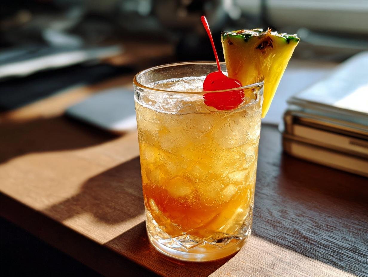 A close-up of a Tia Mia cocktail in a glass, filled with ice, garnished with a pineapple wedge and a maraschino cherry.