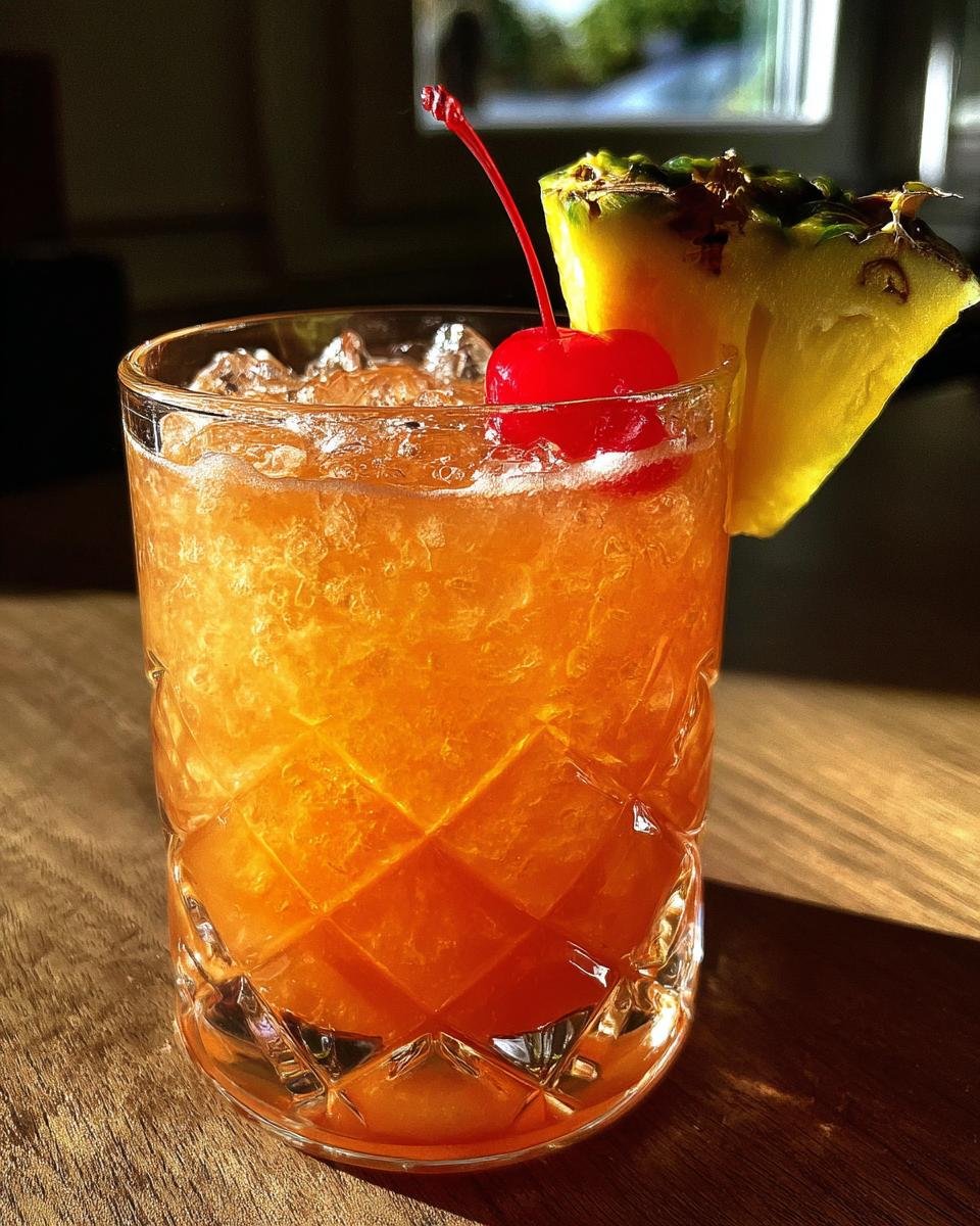 A vibrant Tia Mia Cocktail in a textured glass, garnished with a pineapple wedge and maraschino cherry, served over ice.