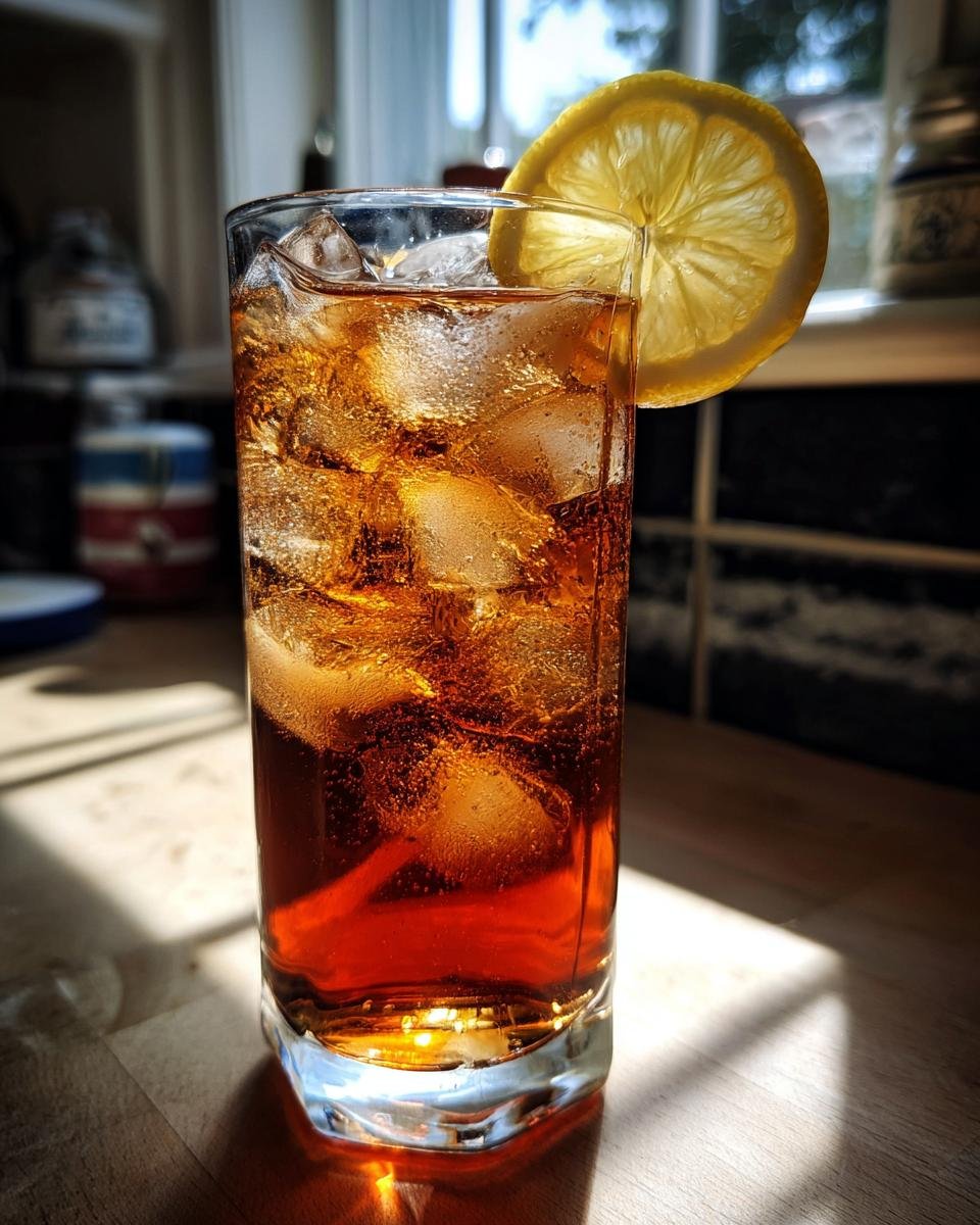 A tall glass filled with ice and Traditional Southern Iced Sweet Tea, garnished with a lemon slice.