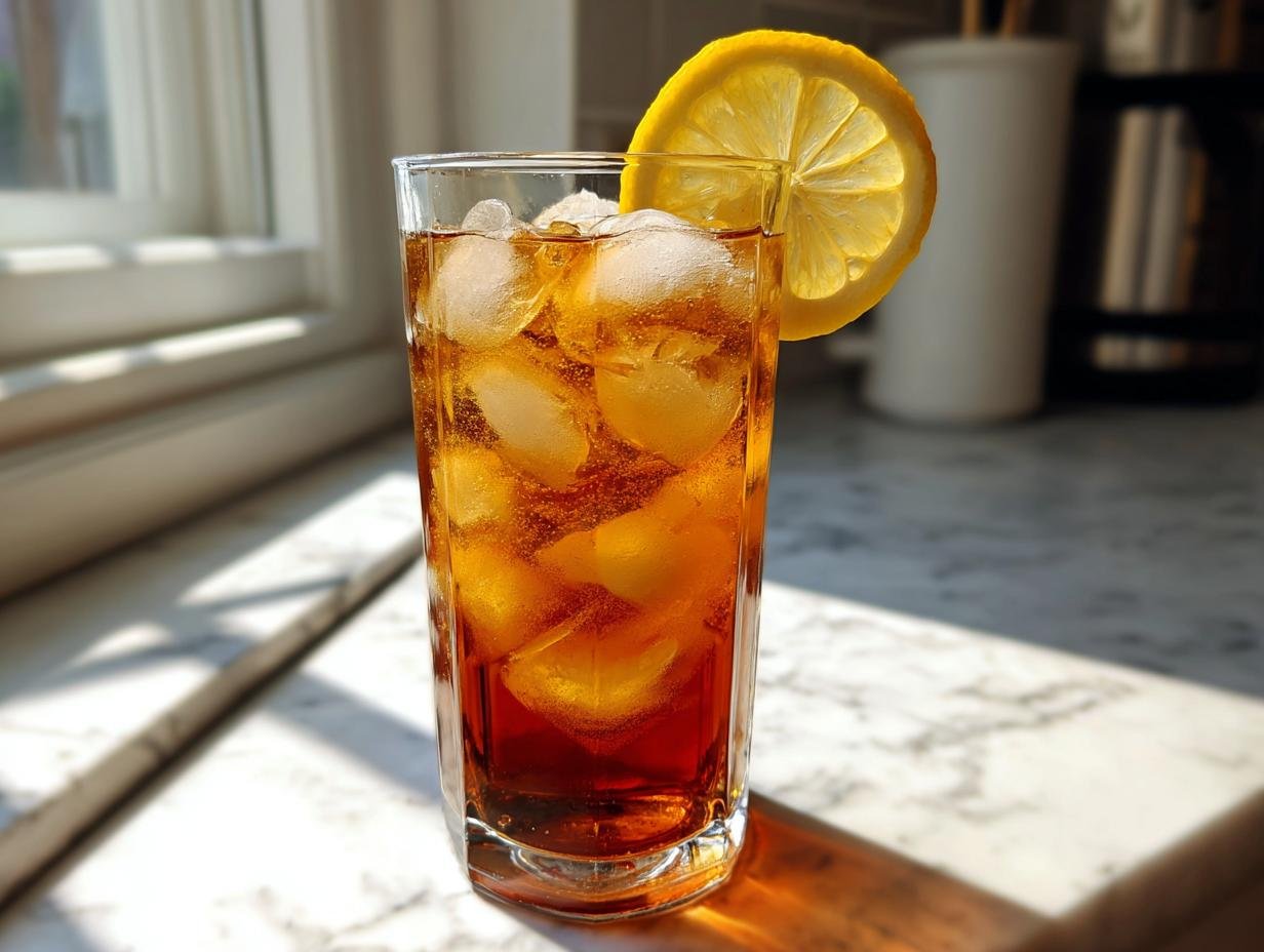 A tall glass filled with Traditional Southern Iced Sweet Tea, ice cubes, and a lemon slice garnish.