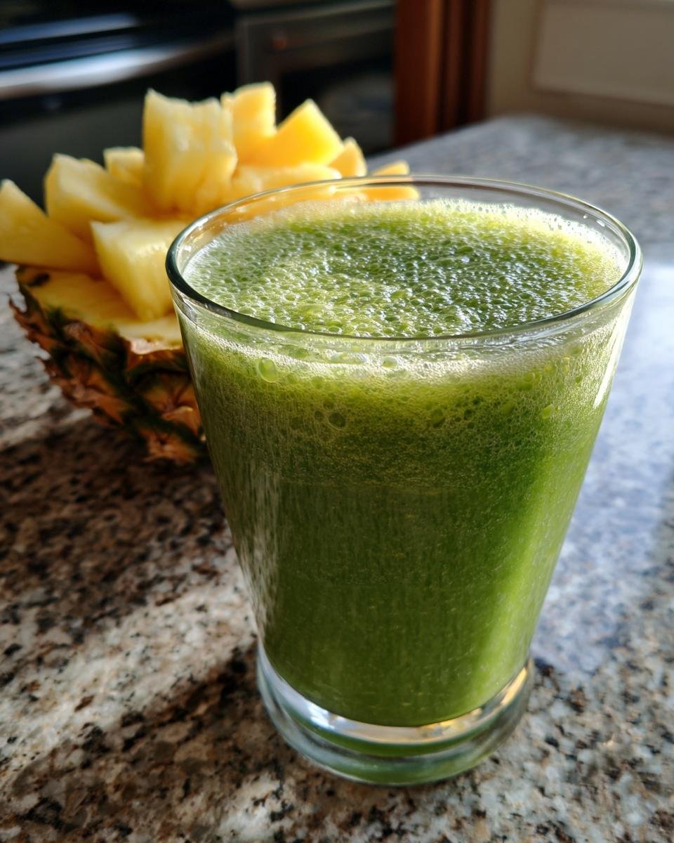 A glass of vibrant green Tropical Pineapple Spinach Smoothie with fresh pineapple chunks in the background.
