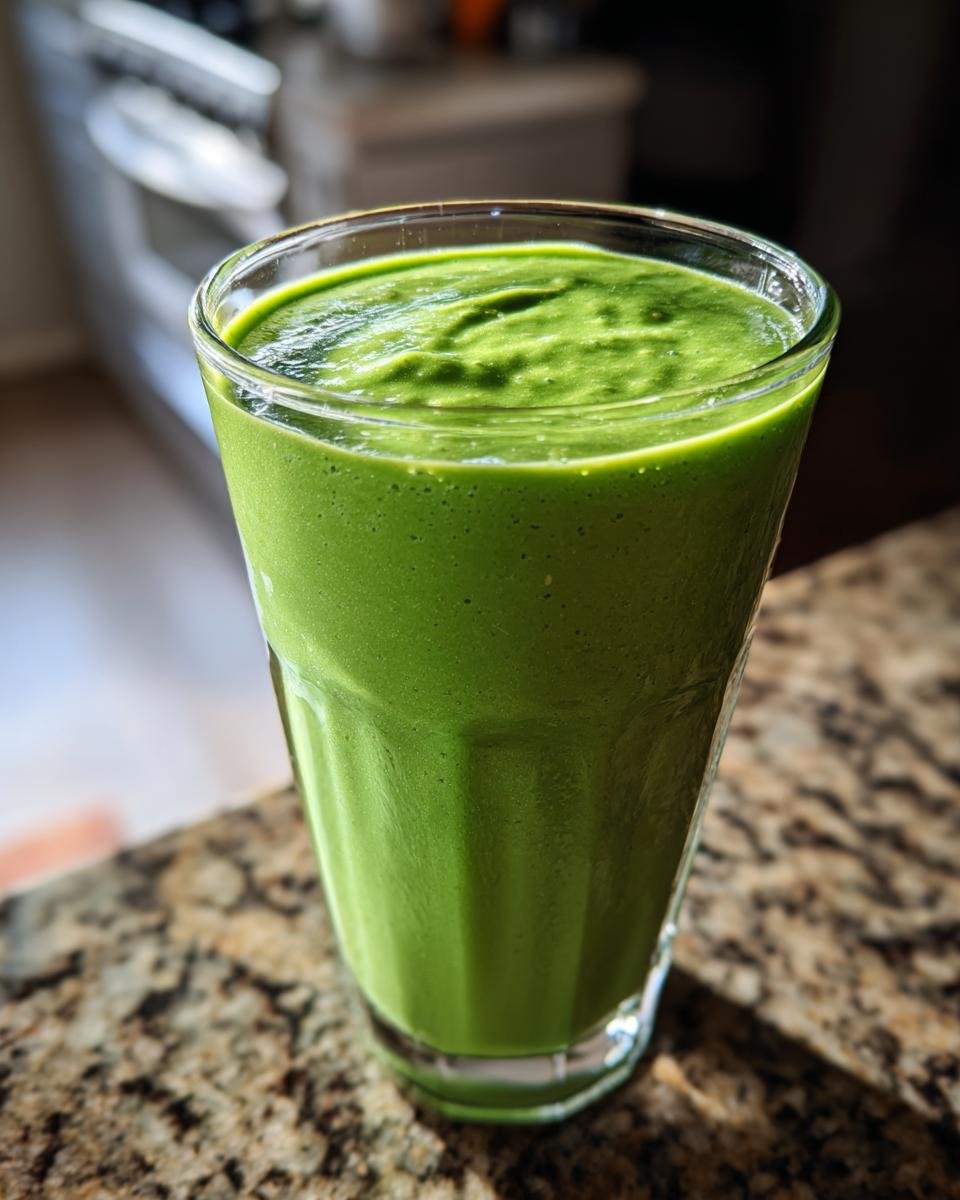 A tall glass filled with a vibrant green Tropical Pineapple Spinach Smoothie, ready to be enjoyed.