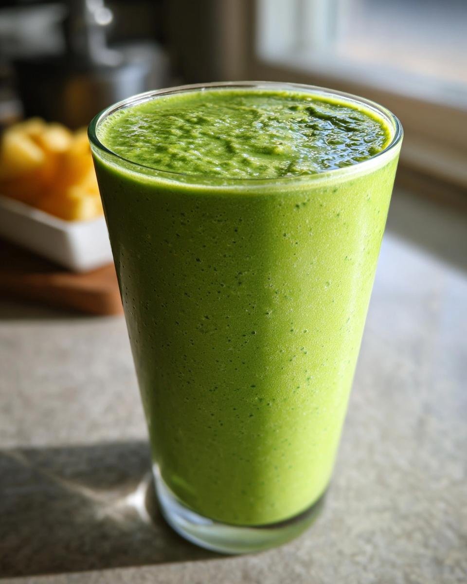 A tall glass filled with a vibrant green Tropical Pineapple Spinach Smoothie, with pineapple chunks blurred in the background.