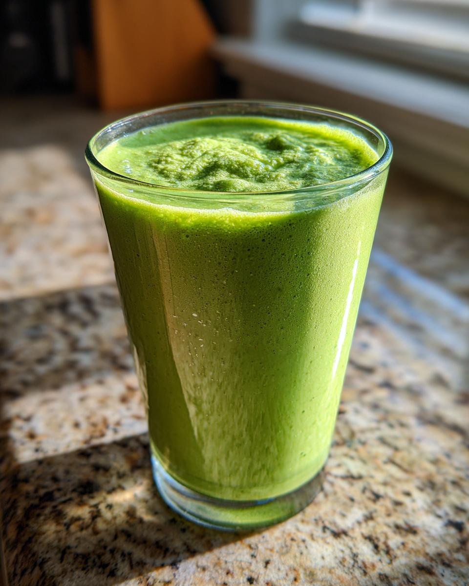 A tall glass filled with a vibrant green Tropical Pineapple Spinach Smoothie, showing its frothy texture.