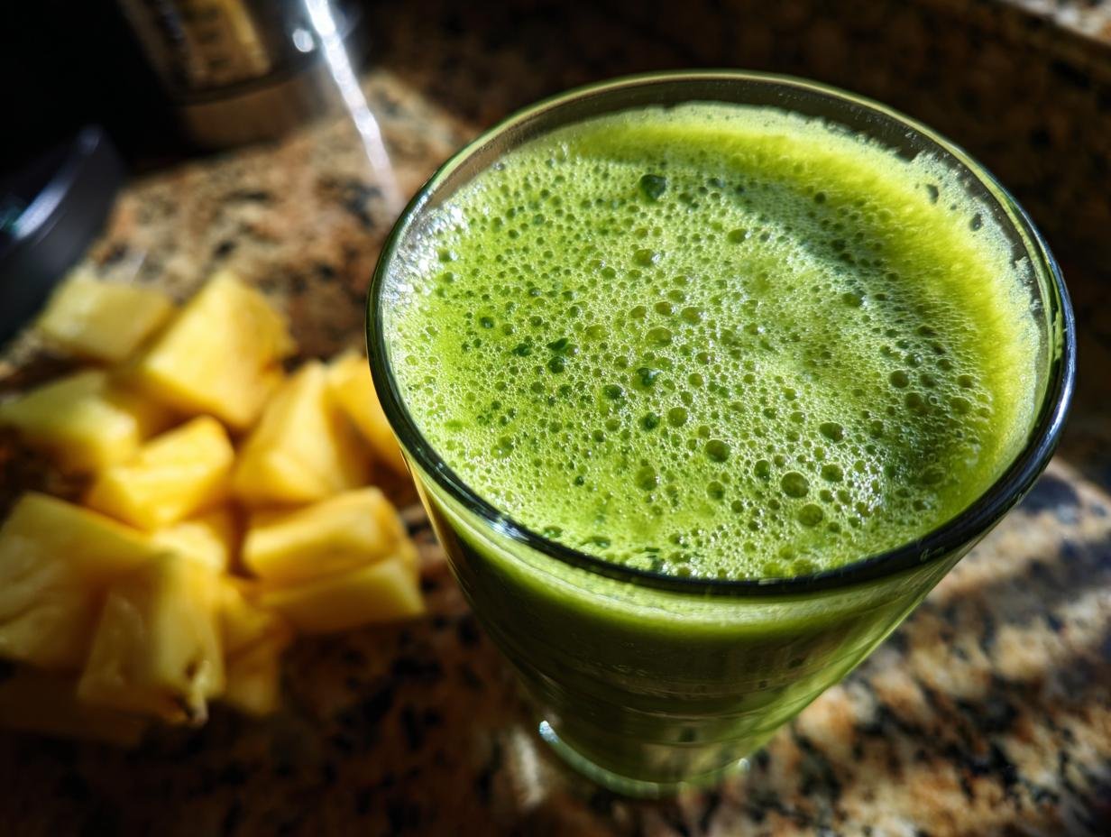 A refreshing Tropical Pineapple Spinach Smoothie in a glass, with fresh pineapple chunks beside it.