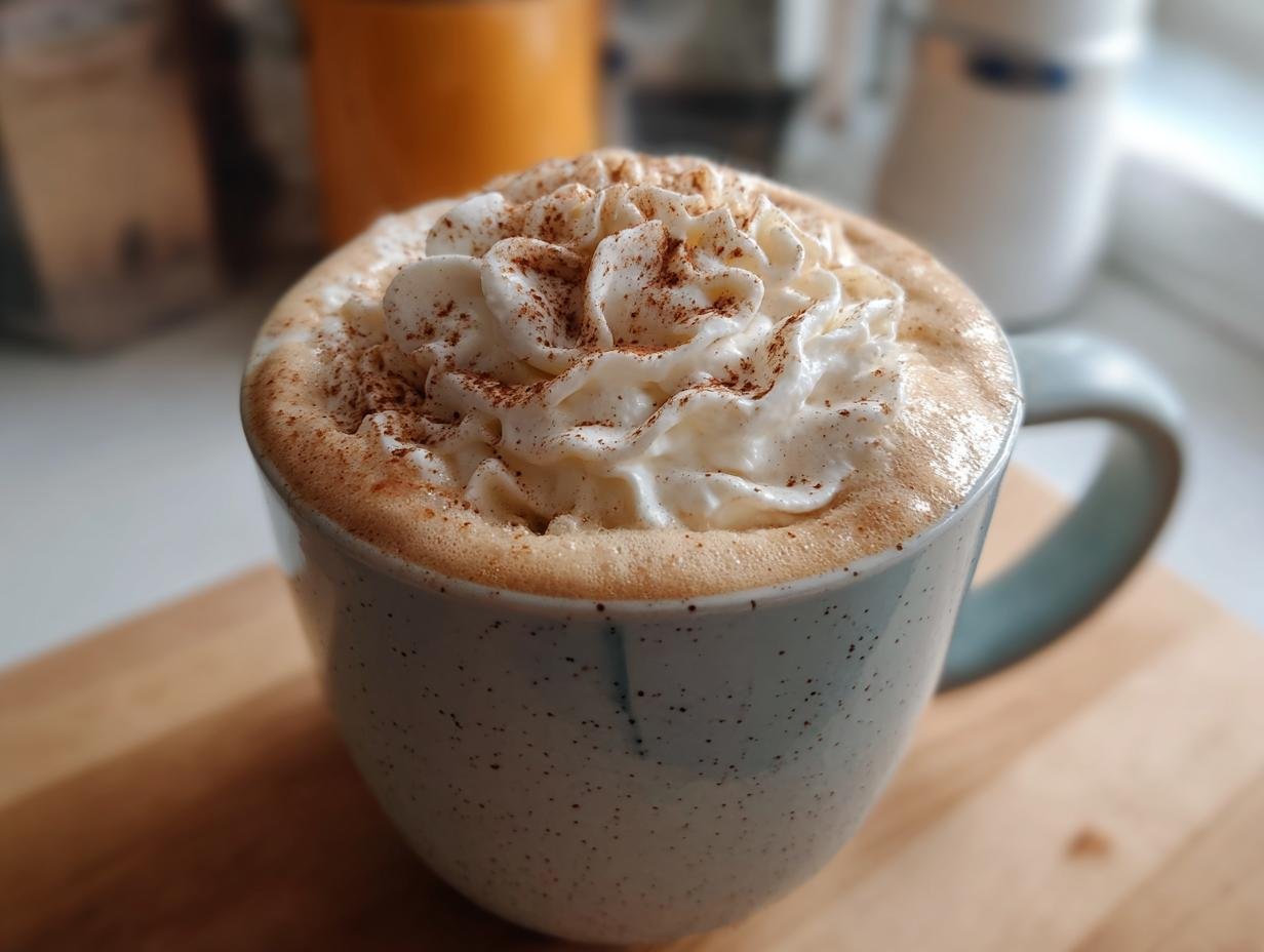 A close-up of the Ultimate Fall Spice Latte topped with whipped cream and a sprinkle of cinnamon.