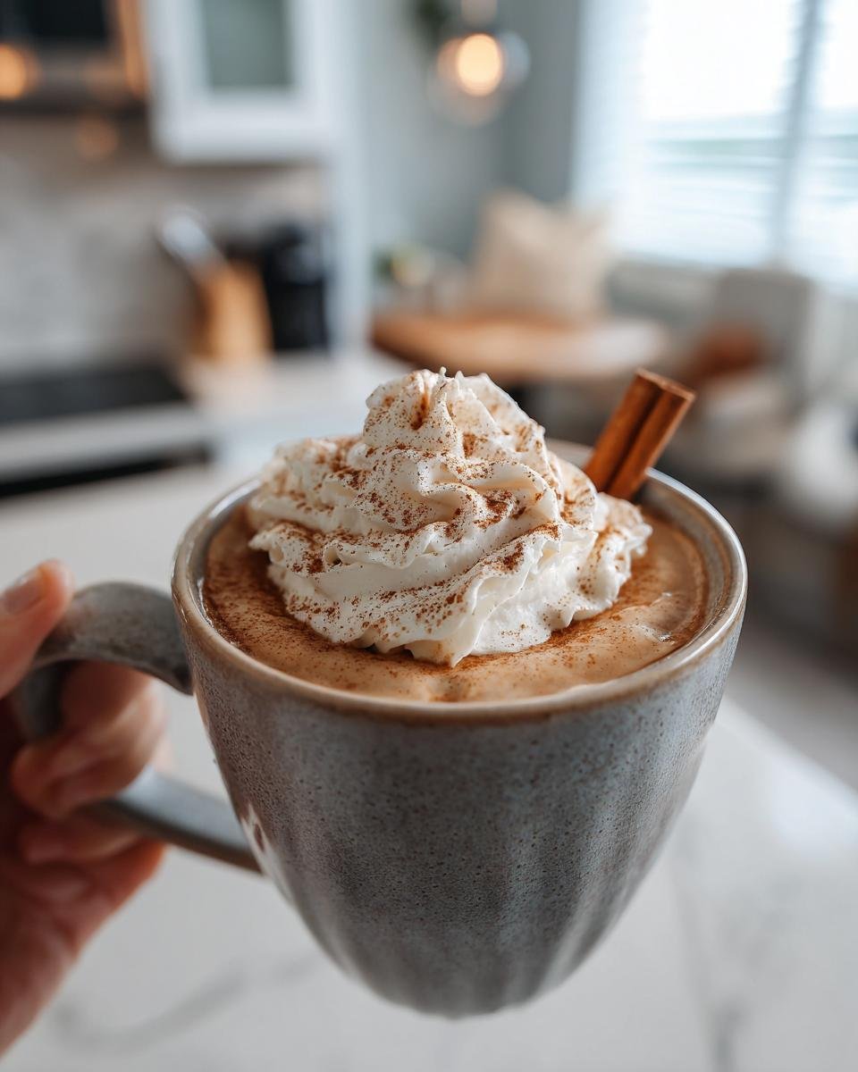 A close-up of a cozy mug filled with the Ultimate Fall Spice Latte, topped with whipped cream and a cinnamon stick.