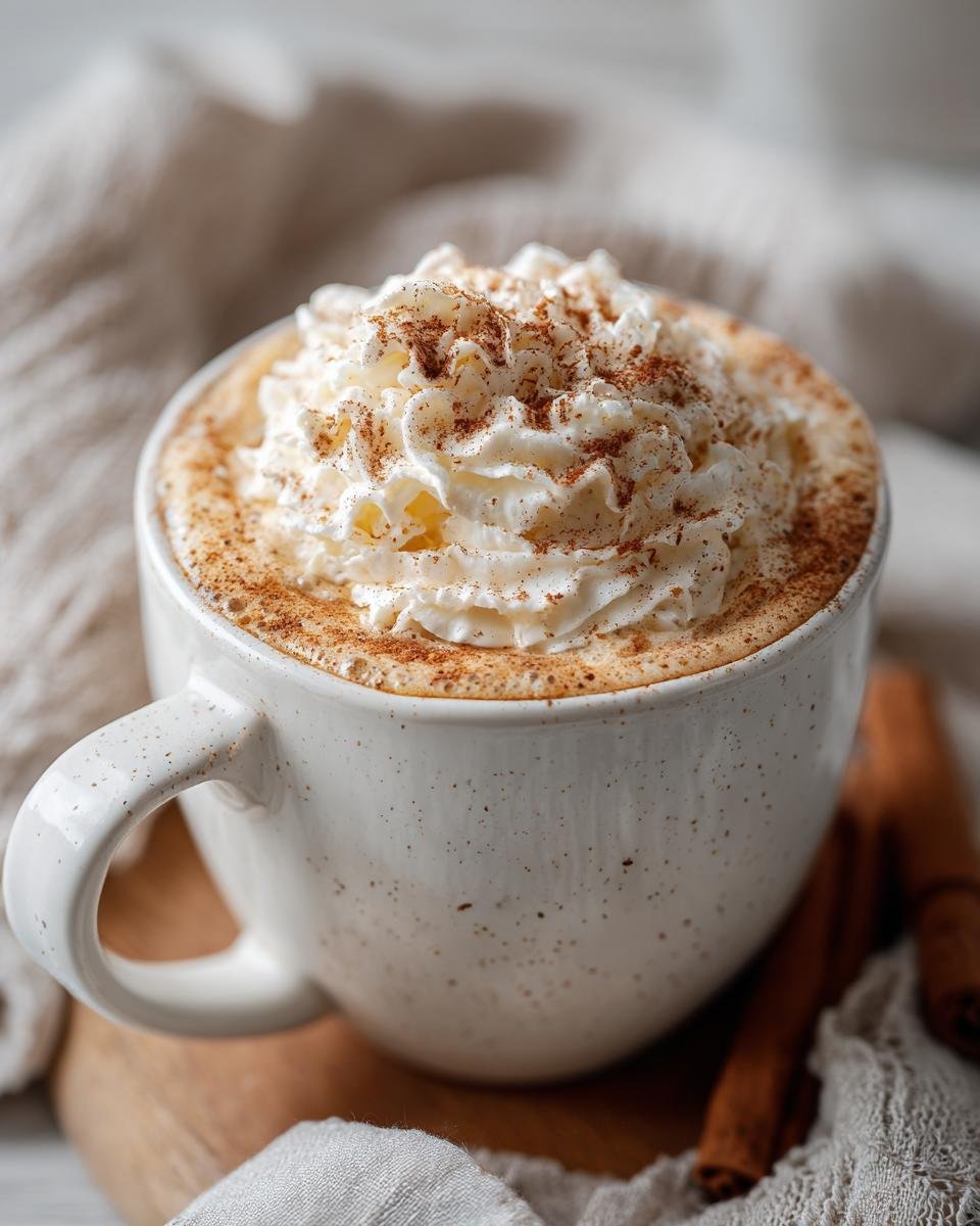 Close-up of a steaming Ultimate Fall Spice Latte topped with whipped cream and cinnamon.