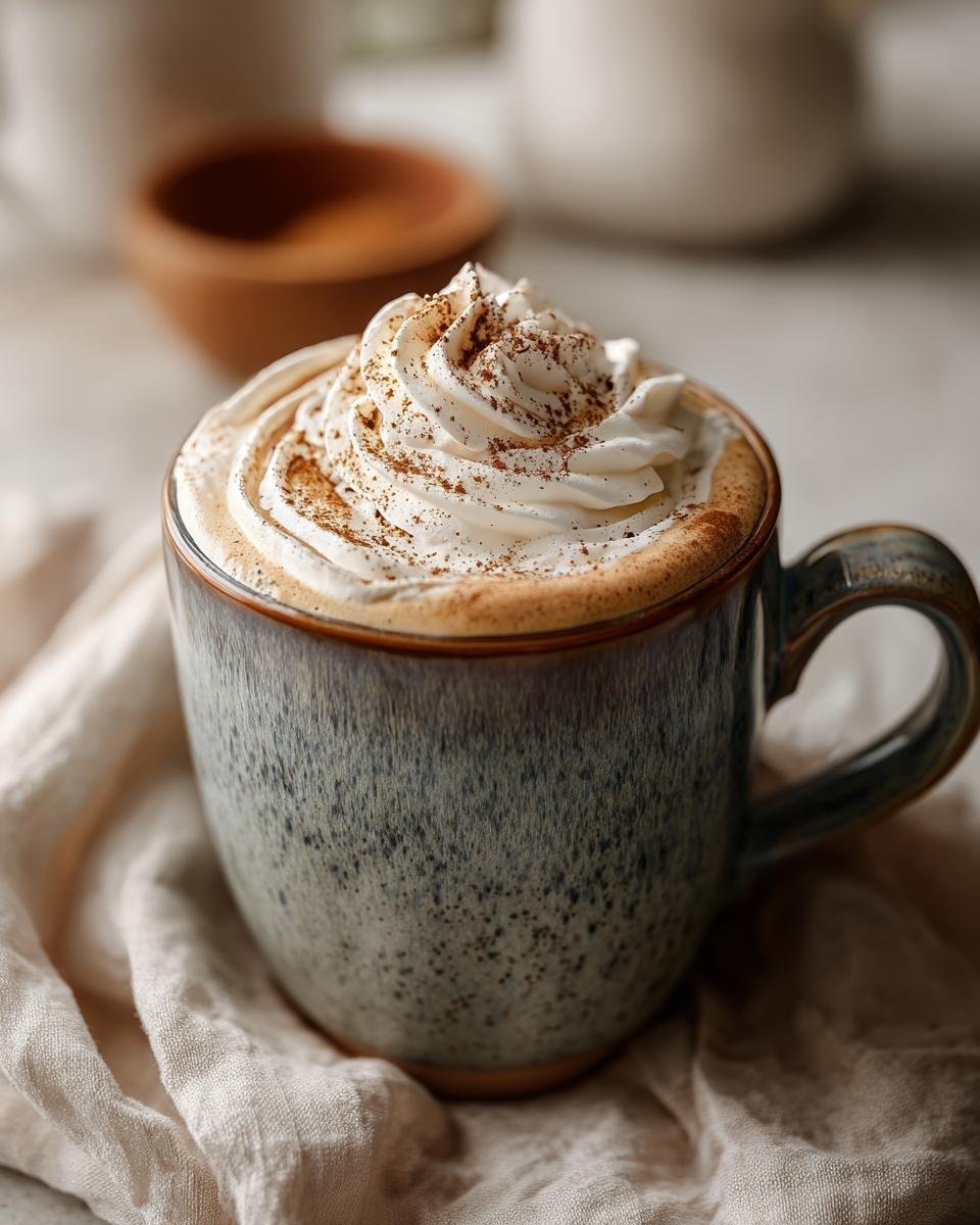 A close-up of the Ultimate Fall Spice Latte in a rustic mug, topped with whipped cream and a sprinkle of cinnamon.