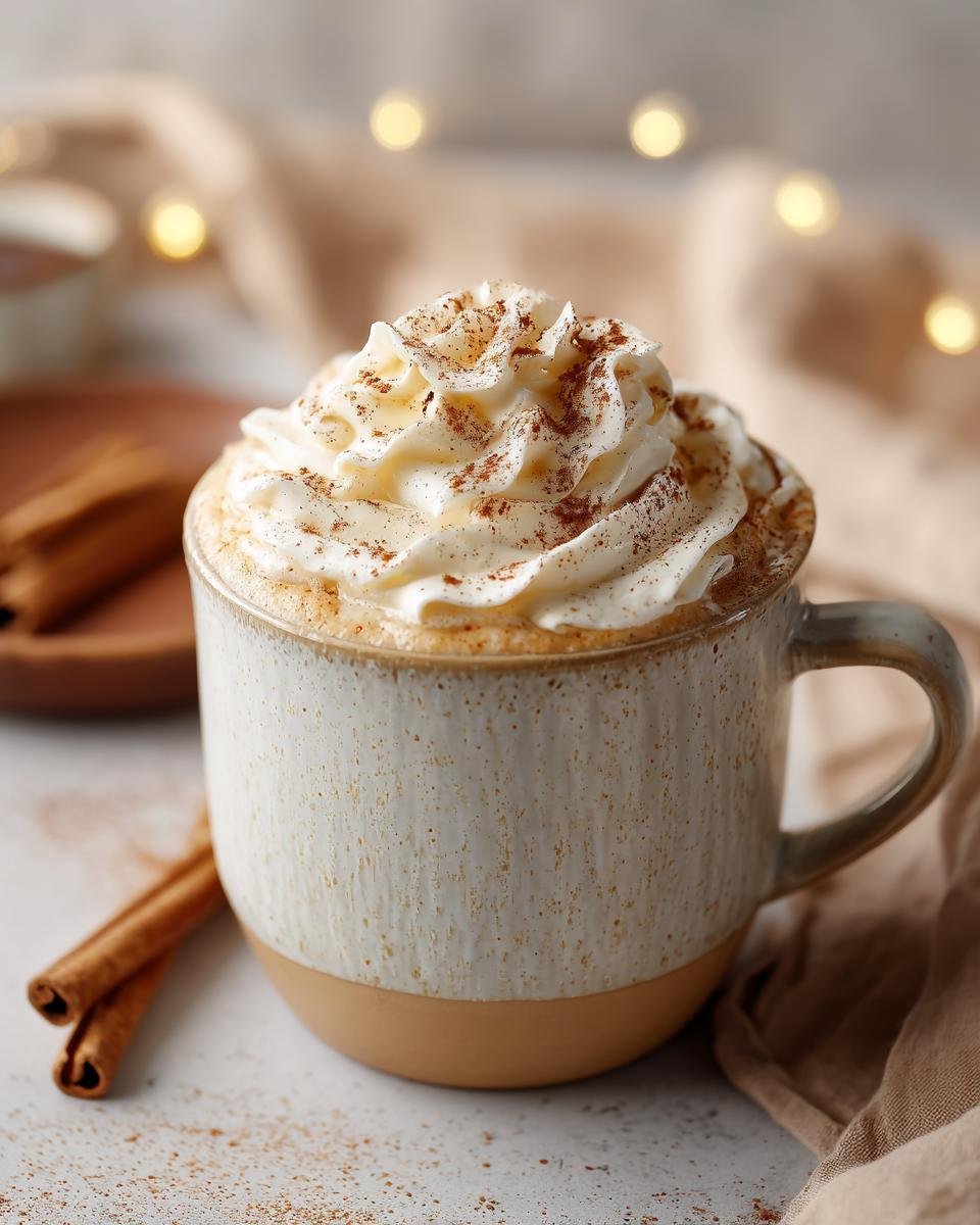A cozy mug filled with the Ultimate Fall Spice Latte, topped with whipped cream and cinnamon.