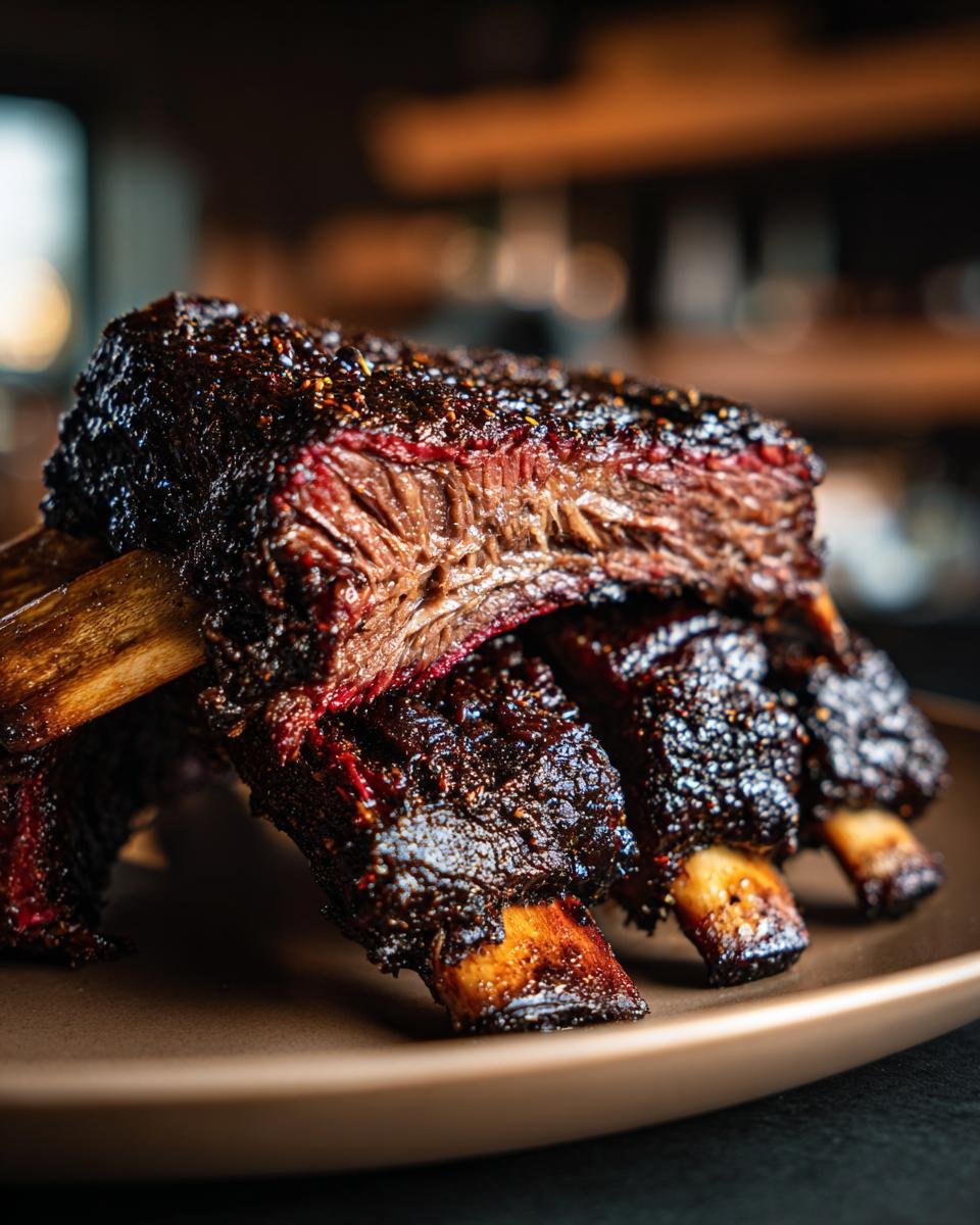 Close-up of Ultimate Smoked Beef Ribs, showcasing the tender, juicy meat and dark bark.