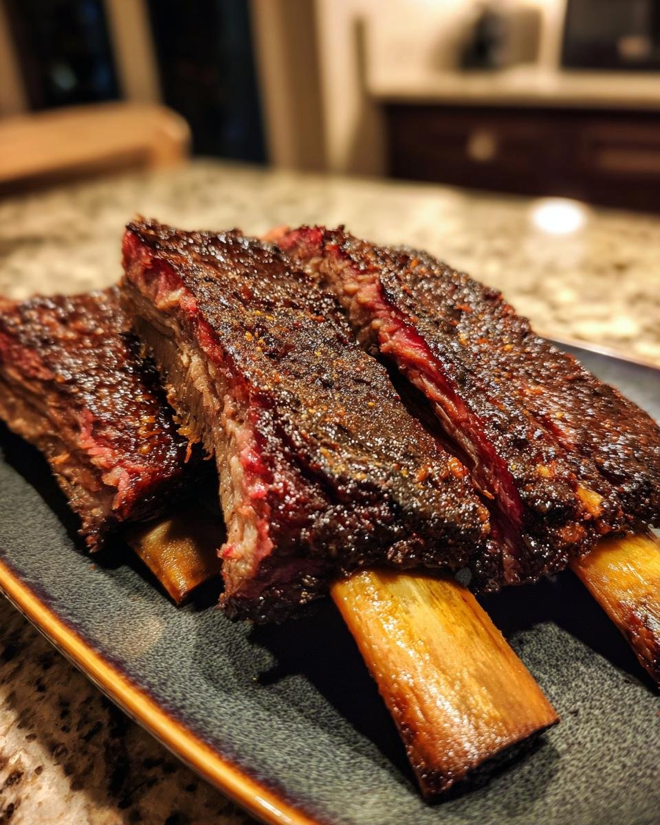 Close-up of tender, smoked beef ribs with a dark, flavorful bark, showcasing the juicy red meat.