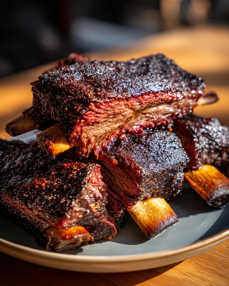 Close-up of a stack of Ultimate Smoked Beef Ribs, showcasing the dark, smoky bark and tender, juicy meat.