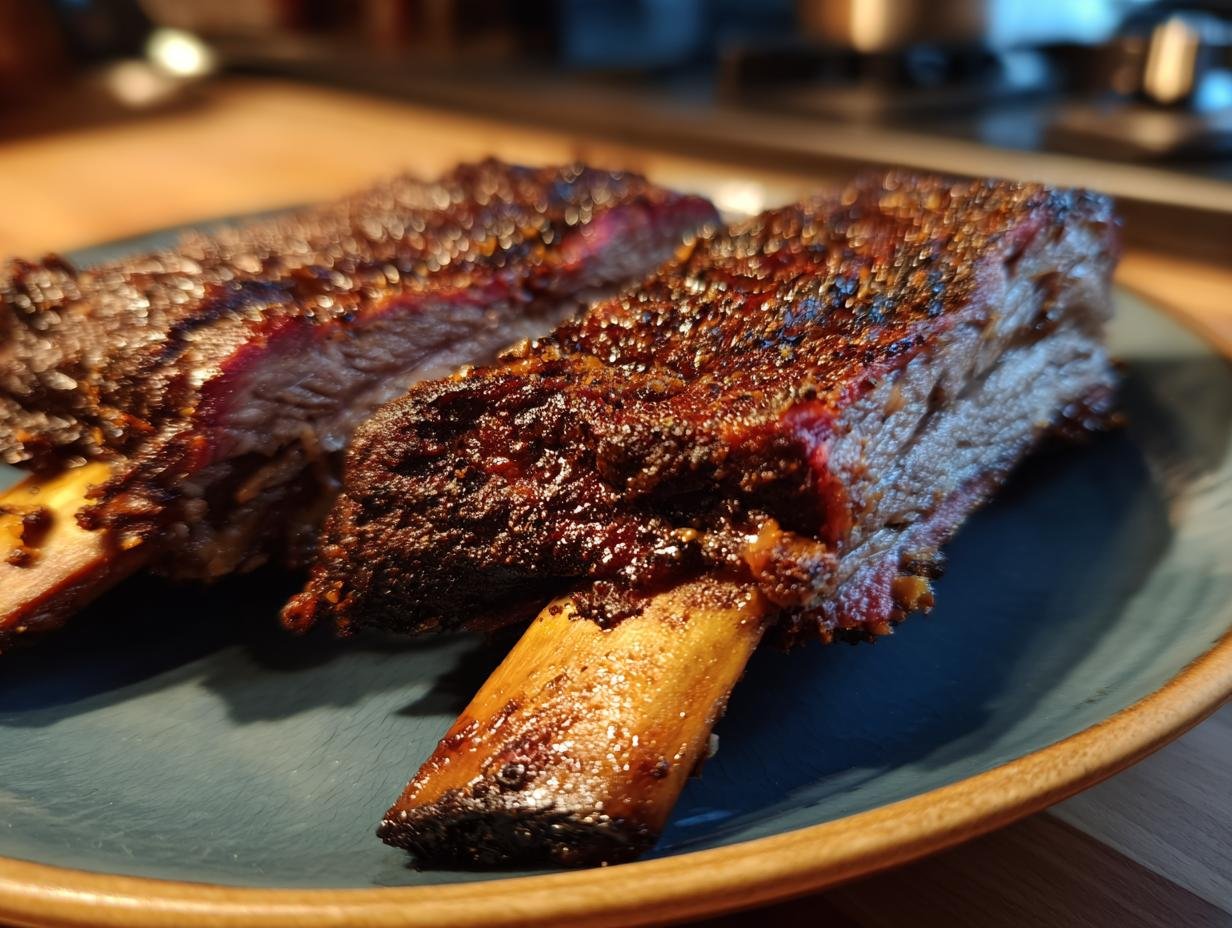 Close-up of two juicy Ultimate Smoked Beef Ribs on a plate, showcasing the smoky bark and tender meat.