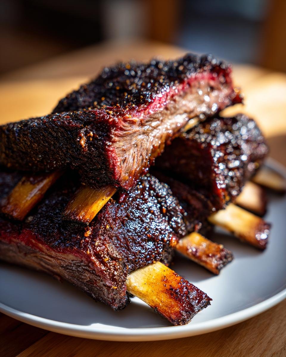 A close-up of a stack of Ultimate Smoked Beef Ribs, with a dark, flavorful bark and juicy red meat.
