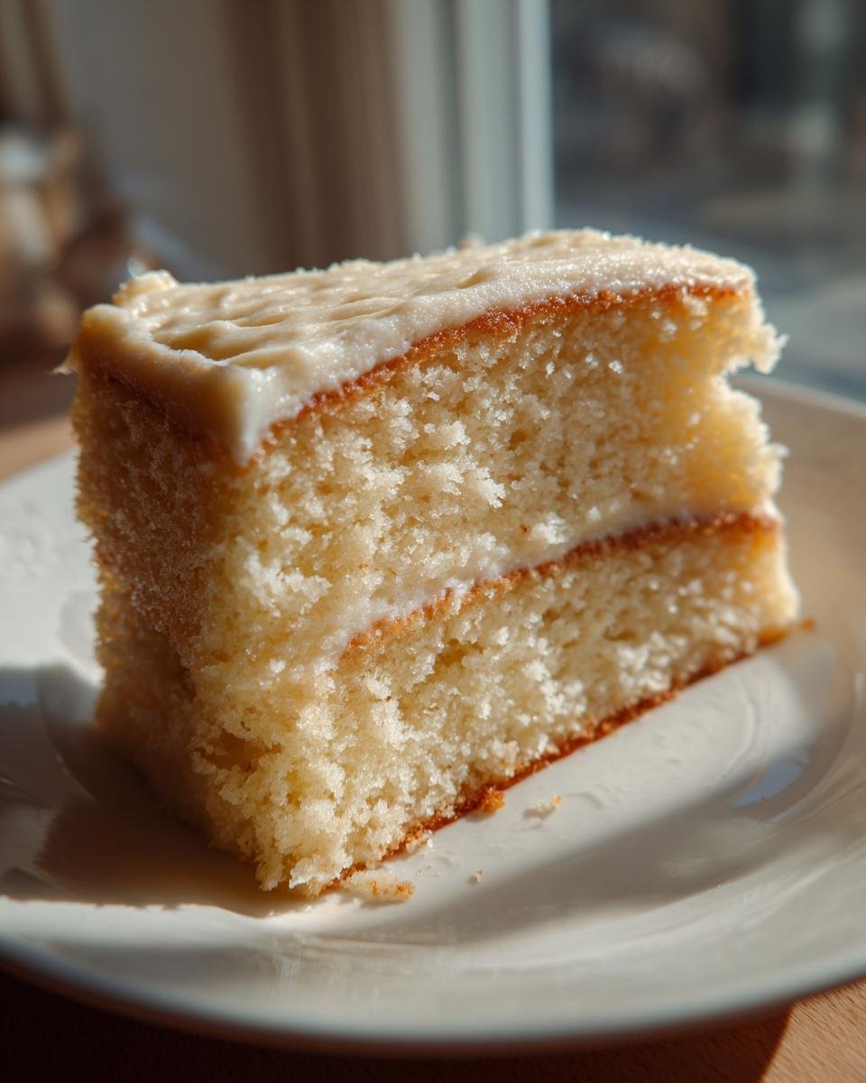 Close-up of a moist slice of Vanilla Birthday Cake with creamy frosting layers on a white plate.