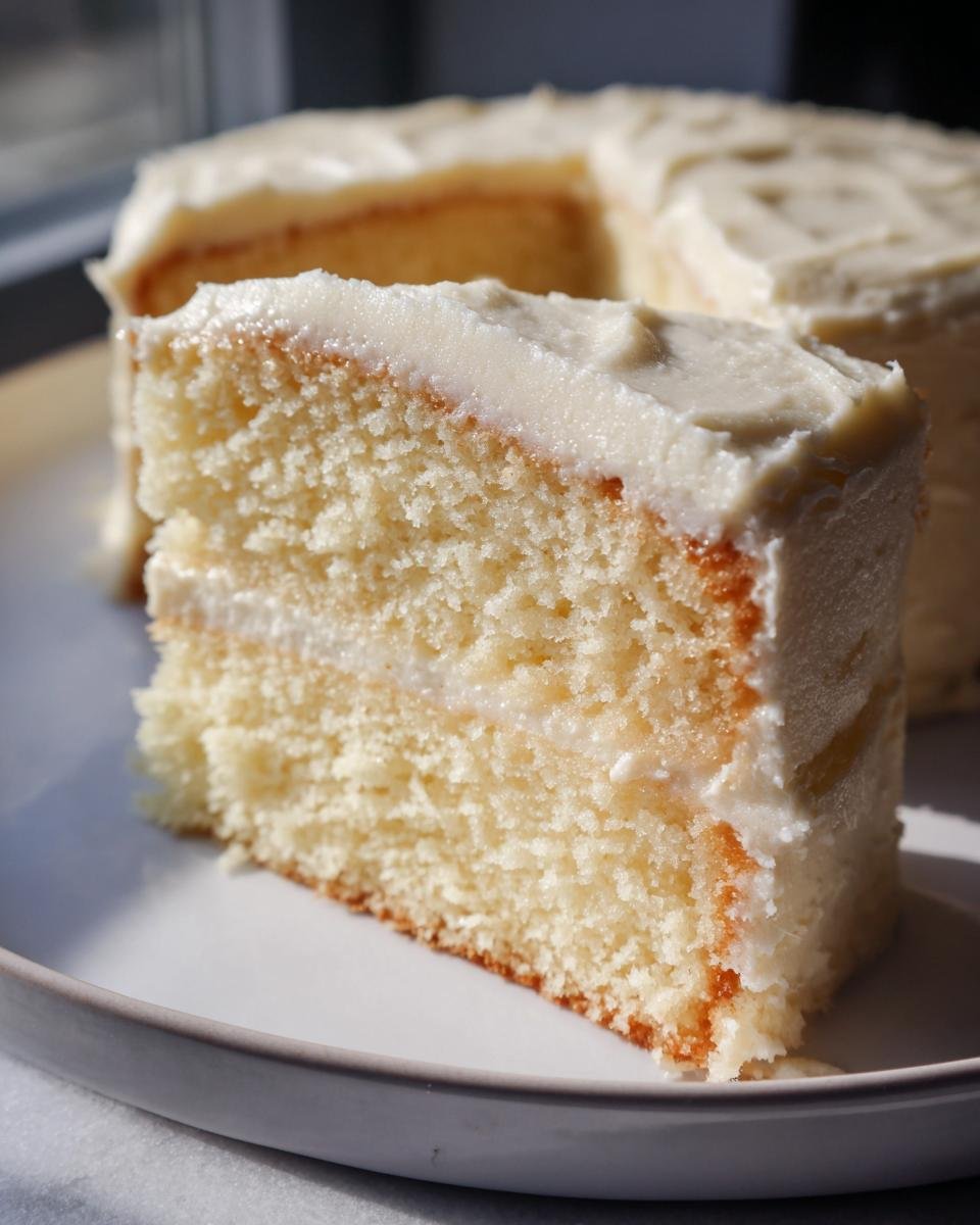 Close-up of a moist slice of Vanilla Birthday Cake with thick white frosting, with the rest of the cake blurred in the background.