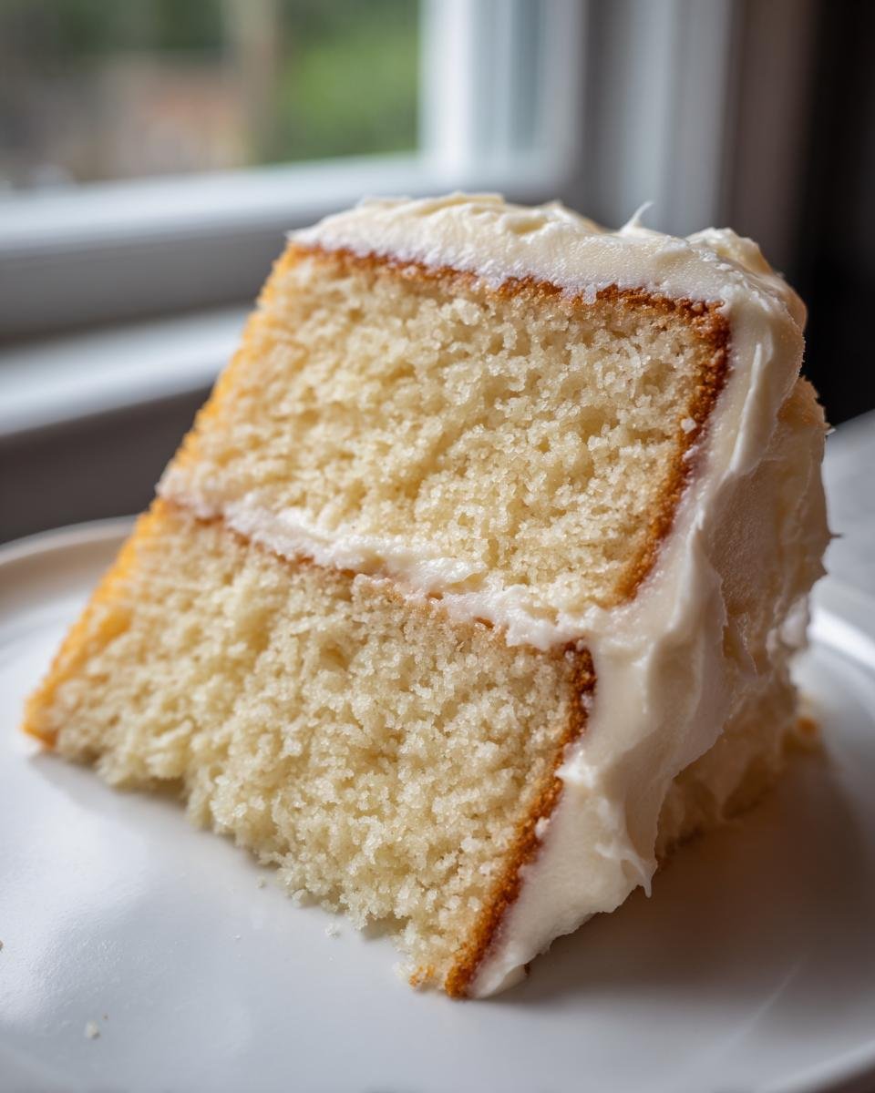 Close-up of a moist slice of Vanilla Birthday Cake featuring two layers and thick white vanilla buttercream frosting.
