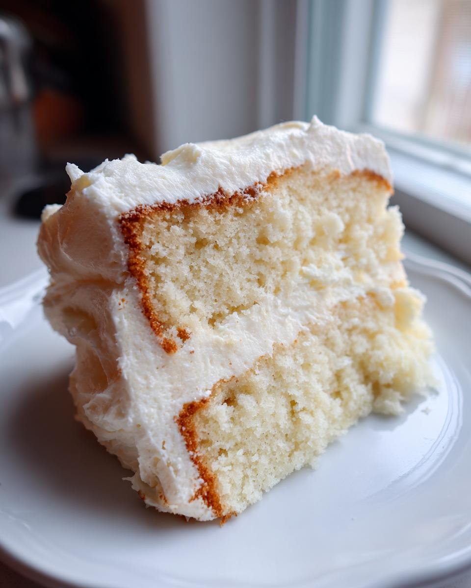 A close-up of a moist slice of Vanilla Birthday Cake layered with thick white frosting, served on a white plate.