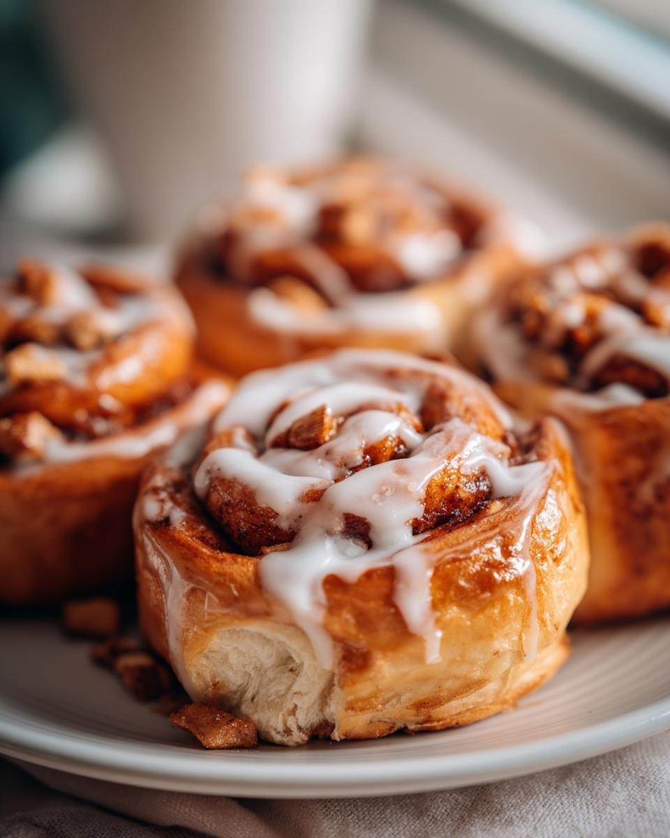 Close-up of several fluffy Vegan Apple Maple Cinnamon Rolls drizzled with white icing and topped with apple pieces.