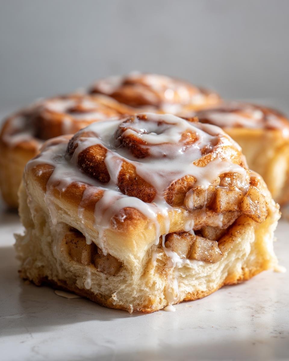 Close-up of a fluffy Vegan Apple Maple Cinnamon Roll topped with thick white icing and visible apple filling.