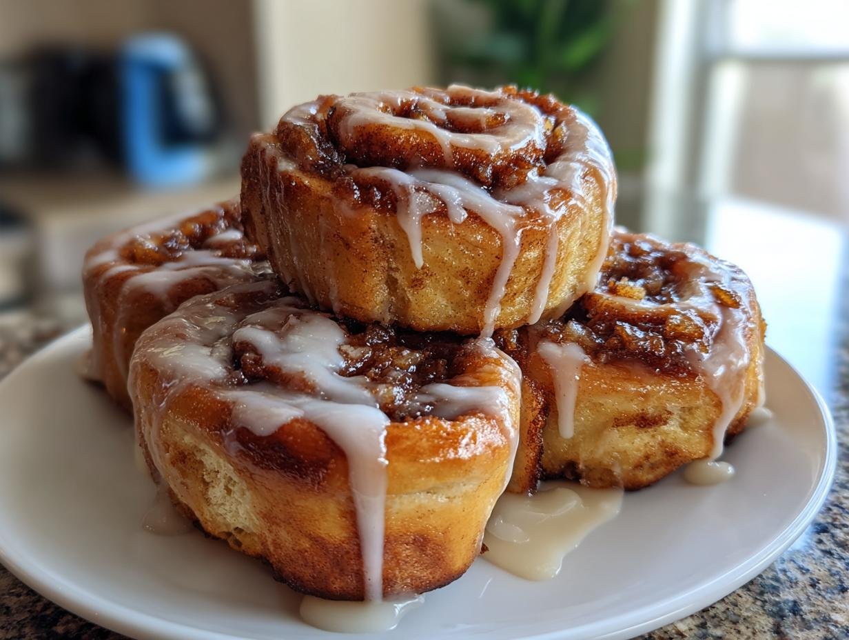 A stack of four freshly baked Vegan Apple Maple Cinnamon Rolls drizzled generously with white icing on a white plate.