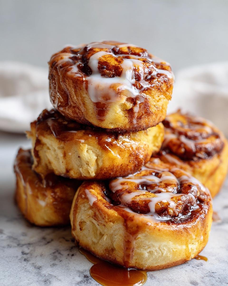 A stack of fluffy Vegan Apple Maple Cinnamon Rolls drizzled with white icing and sticky maple glaze.