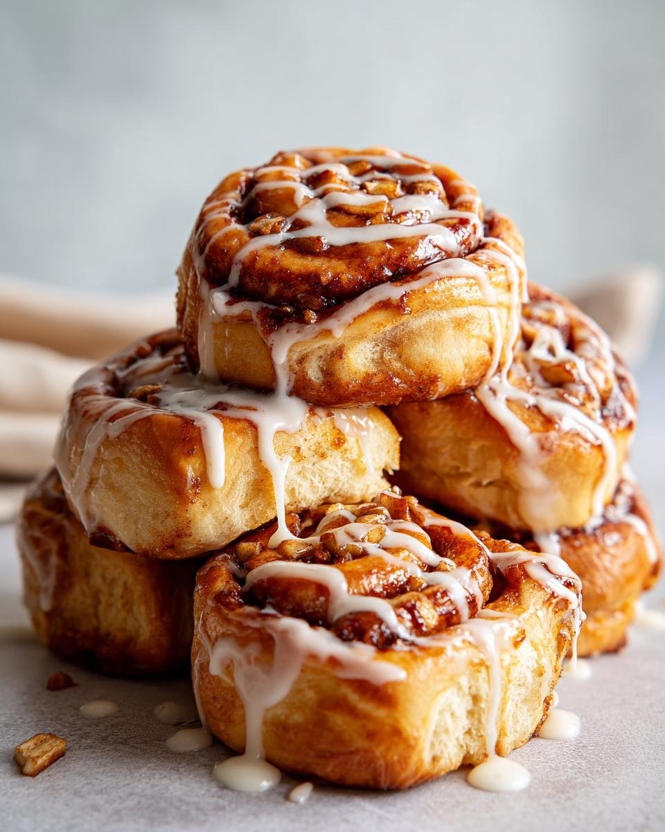 A stack of gooey Vegan Apple Maple Cinnamon Rolls generously drizzled with white icing.