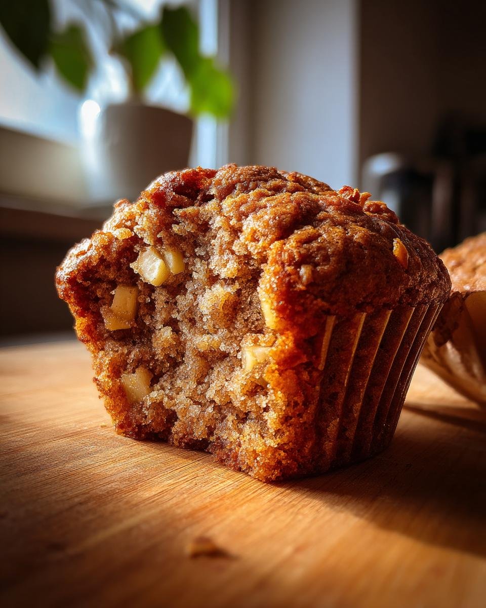 Close-up of a Vegan Apple Spice Muffin with a bite taken out, showing chunks of apple and spices within.