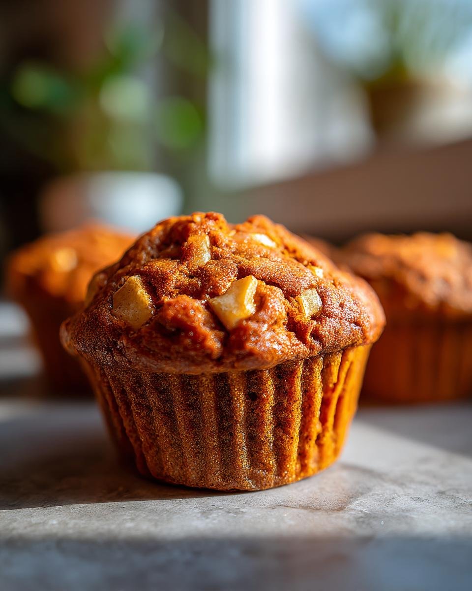 Close-up of a freshly baked Vegan Apple Spice Muffin with visible apple chunks on top.