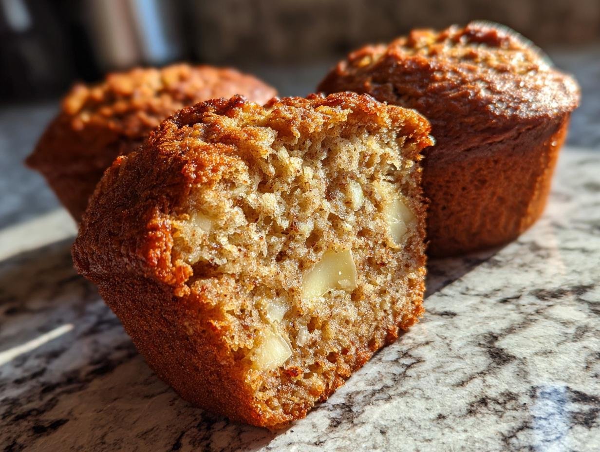 Close-up of a vegan apple spice muffin, cut in half to show chunks of apple and a moist crumb.
