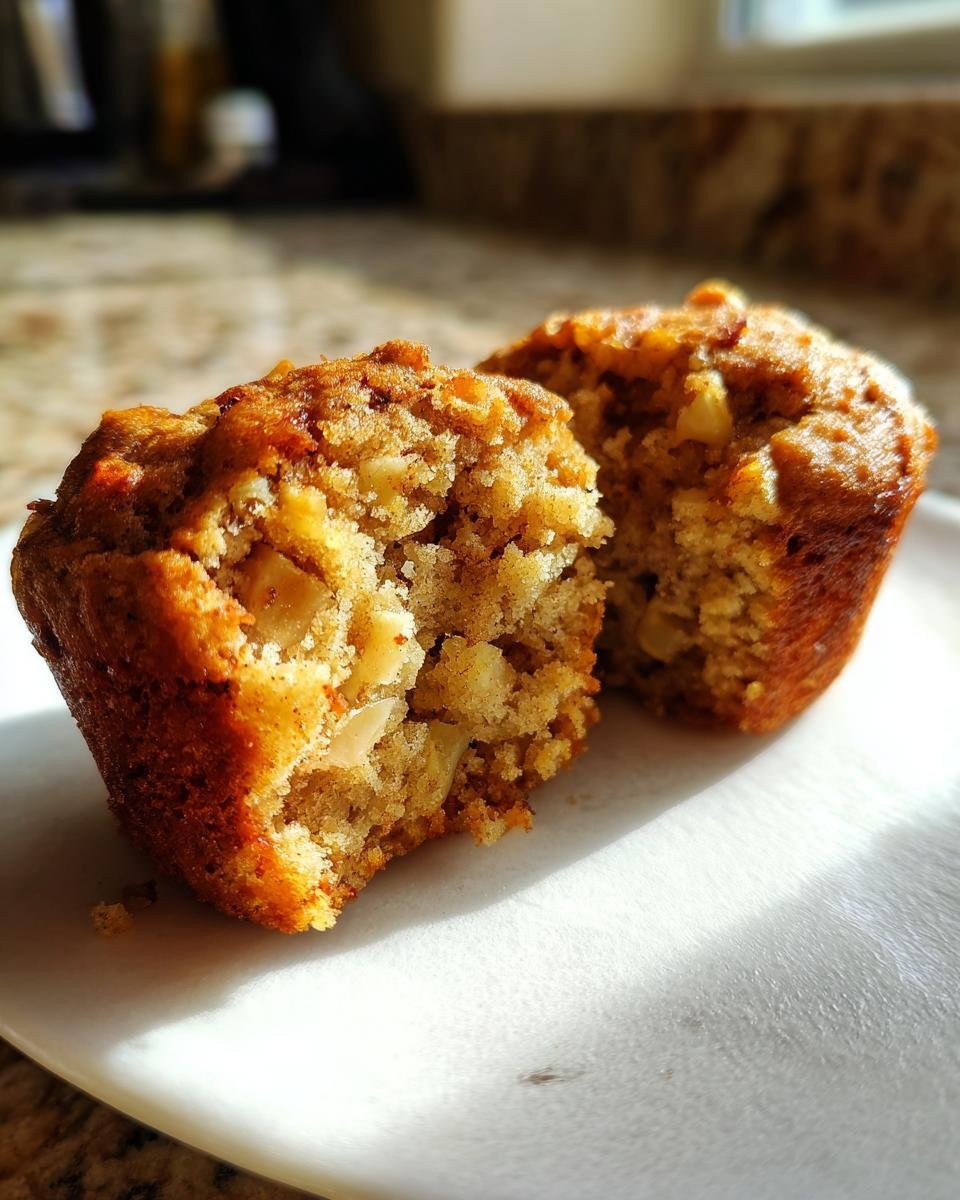 Close-up of two halves of a Vegan Apple Spice Muffin, revealing a moist crumb and apple chunks.