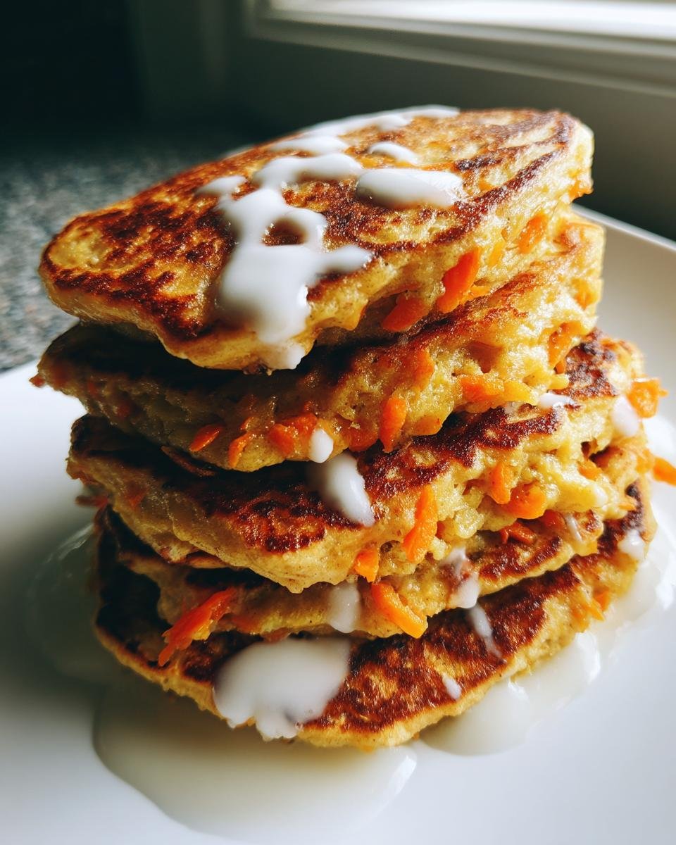 A tall stack of golden-brown Vegan Carrot Cake Pancakes topped with a thick white icing drizzle.