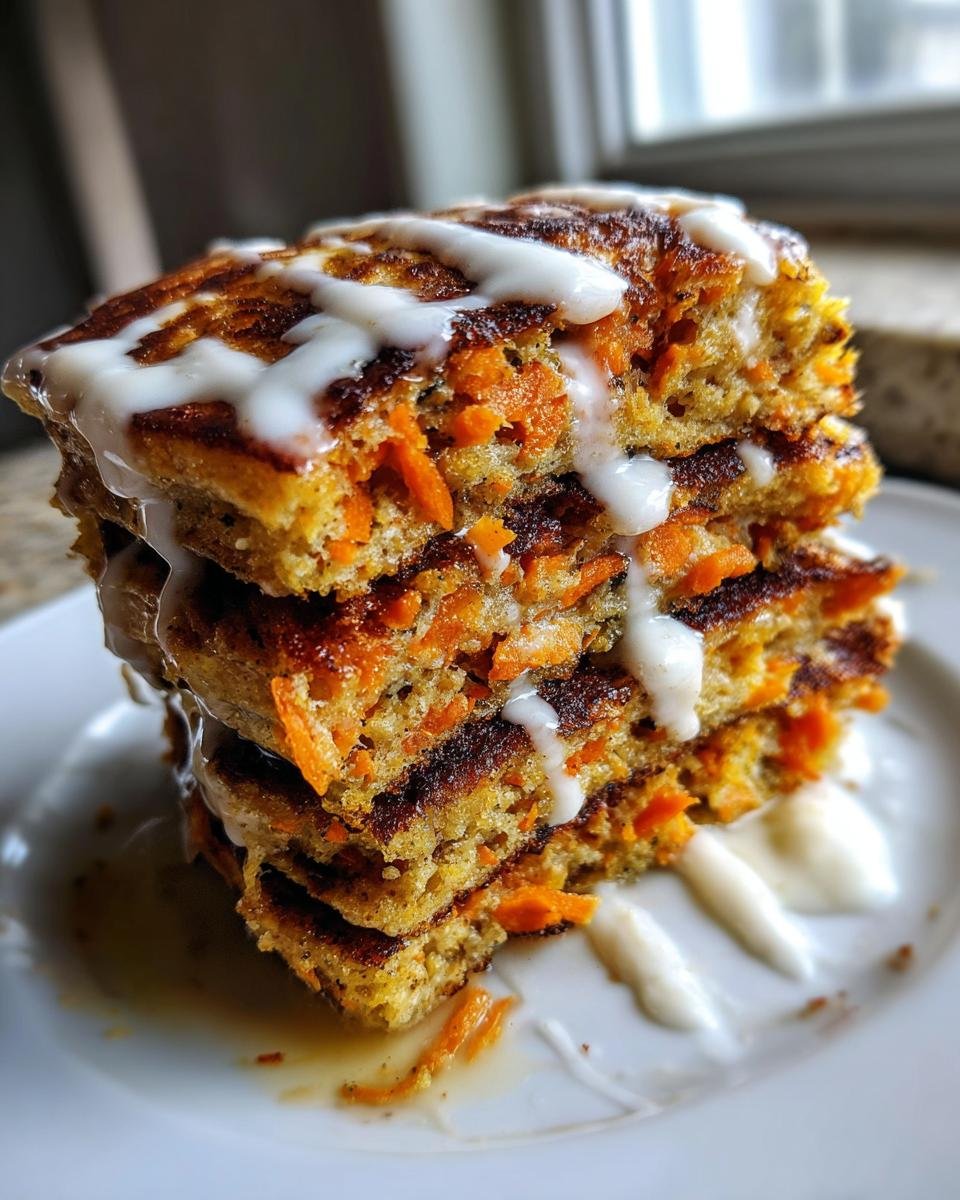 Close-up of a tall stack of Vegan Carrot Cake Pancakes generously topped with white icing or glaze.