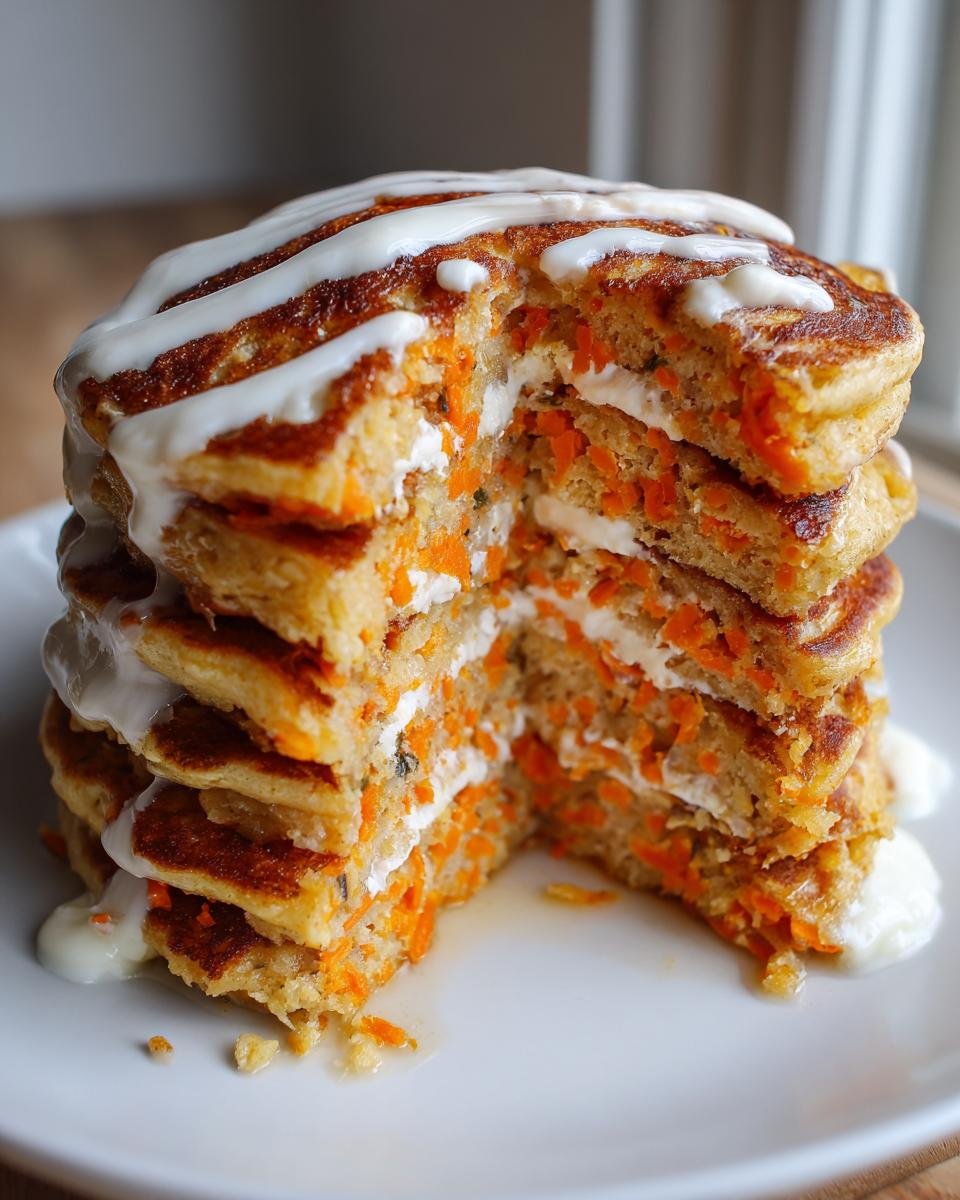 Cross-section view of a tall stack of Vegan Carrot Cake Pancakes filled with cream cheese frosting and shredded carrots.