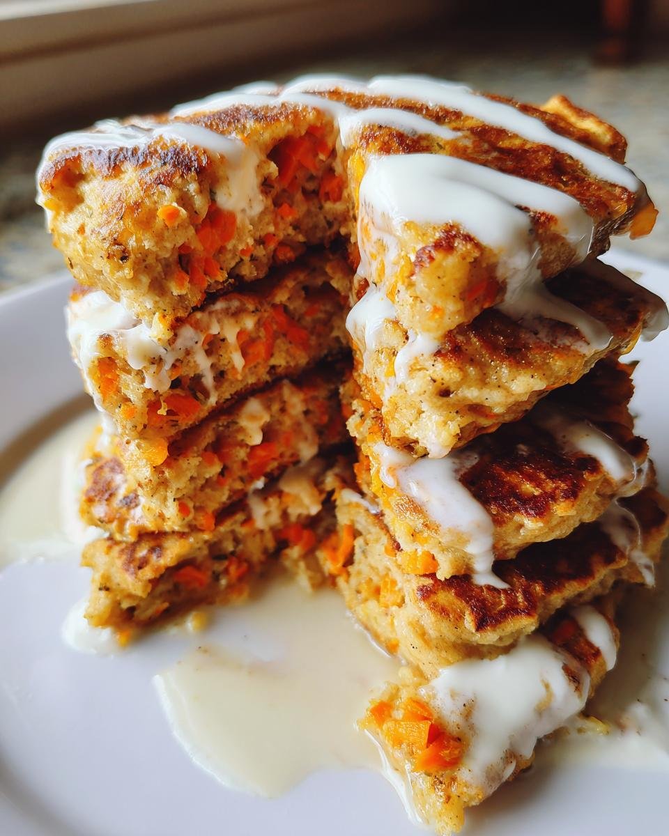 Close-up of a tall stack of Vegan Carrot Cake Pancakes, cut open to show shredded carrots, drizzled heavily with white icing.