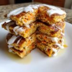 Close-up of a stack of Vegan Carrot Cake Pancakes cut open, showing shredded carrots, drizzled with white vegan icing.