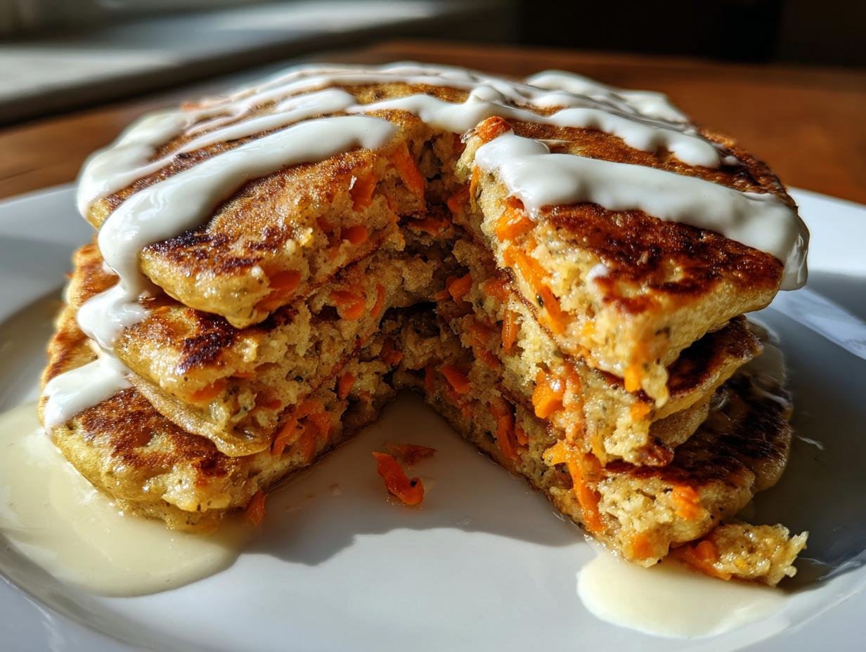 A stack of fluffy Vegan Carrot Cake Pancakes cut in half, showing shredded carrots inside and topped with a thick white glaze.