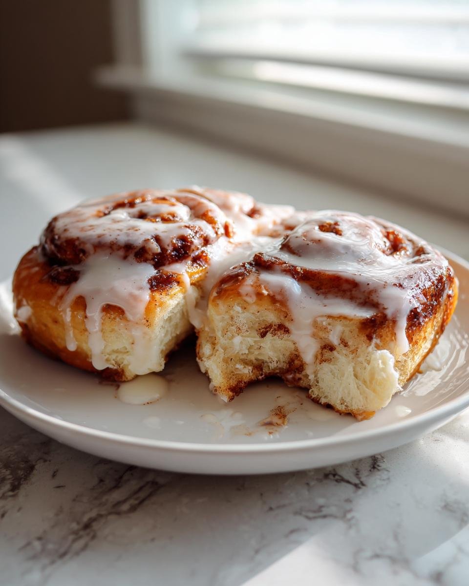 Two soft Vegan Chai Tea Latte Cinnamon Rolls covered in white icing, one pulled apart slightly, resting on a white plate.