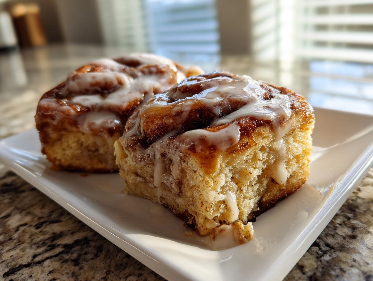 Two moist Vegan Chai Tea Latte Cinnamon Rolls drizzled generously with white icing on a white plate.