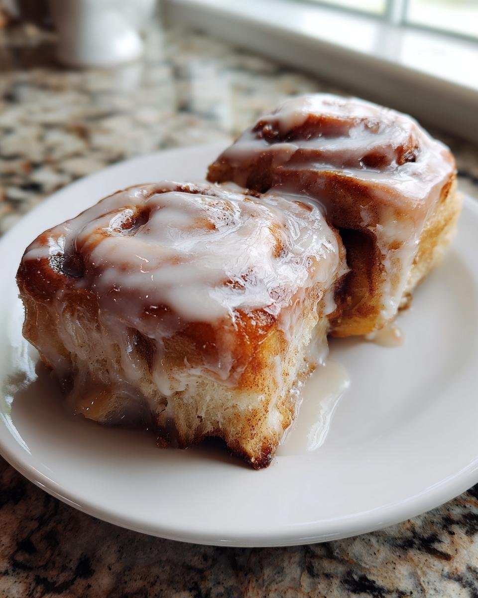 Close-up of two gooey Vegan Chai Tea Latte Cinnamon Rolls covered in white icing on a white plate.