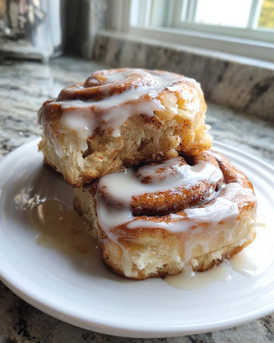 Two soft Vegan Chai Tea Latte Cinnamon Rolls stacked on a white plate, drizzled generously with white icing.