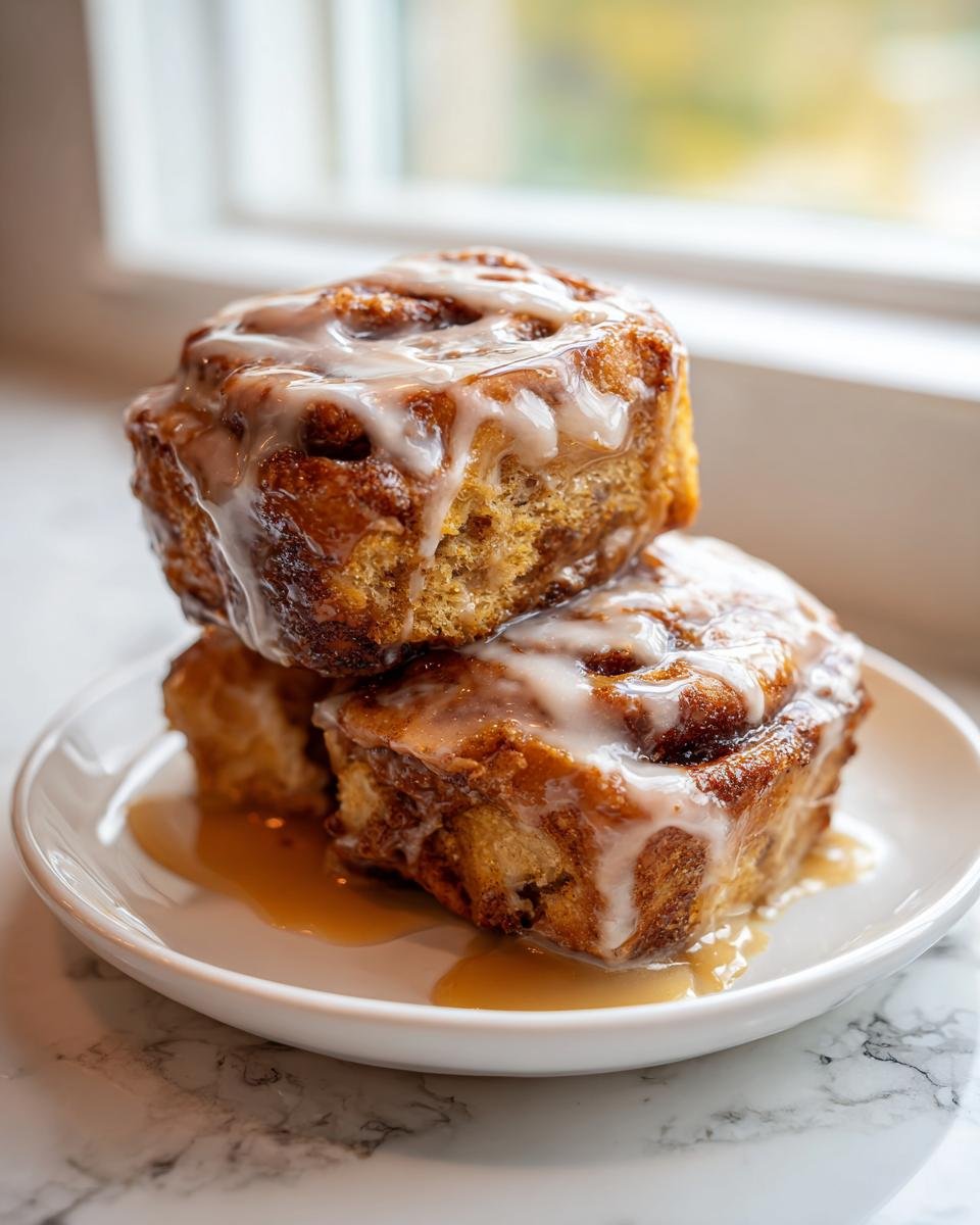 Two stacked Vegan Chai Tea Latte Cinnamon Rolls drizzled generously with white icing, sitting on a white plate.
