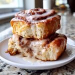 Two stacked, gooey Vegan Chai Tea Latte Cinnamon Rolls generously topped with white icing, showing a soft interior.