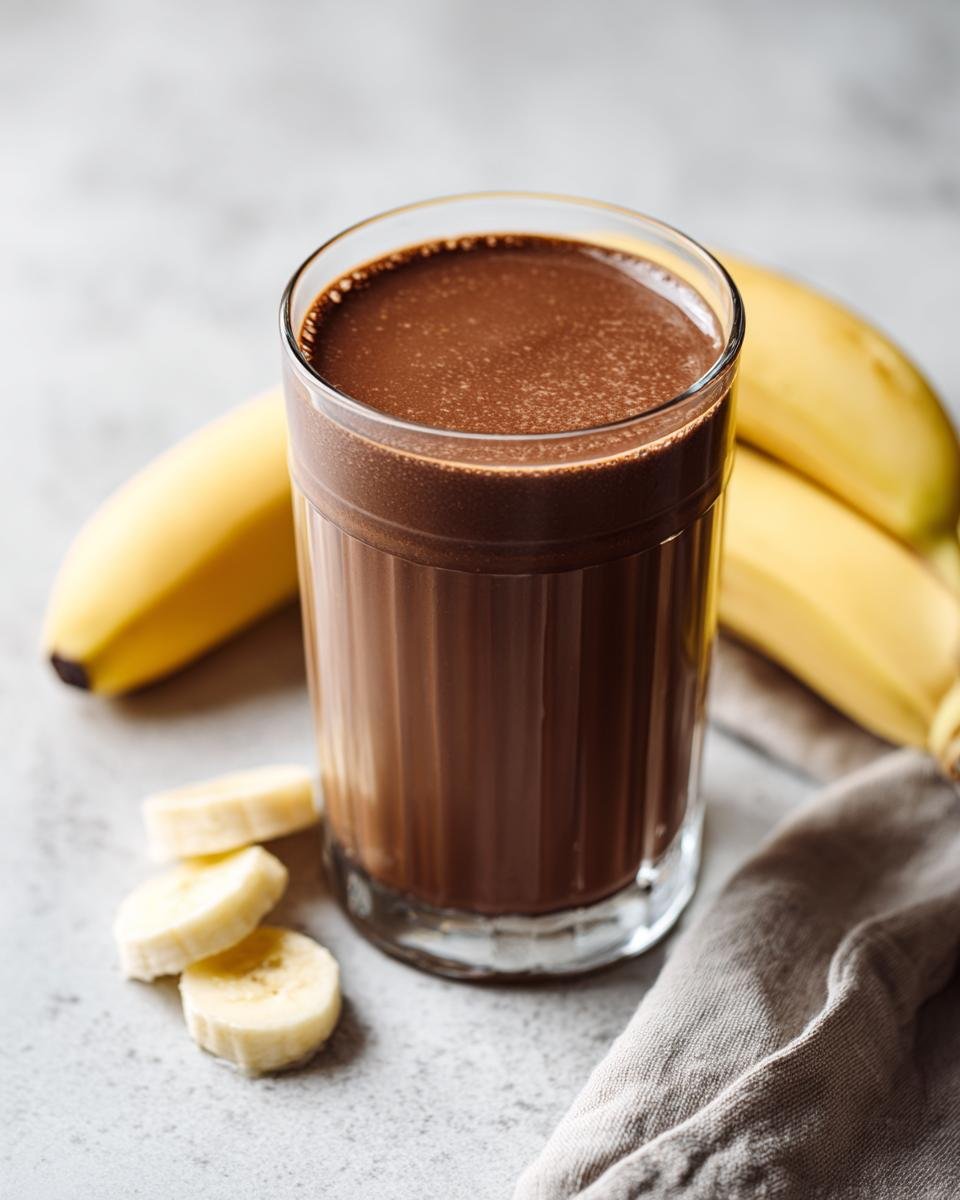 A tall glass filled with a rich Vegan Chocolate Protein Shake, with bananas and banana slices nearby.