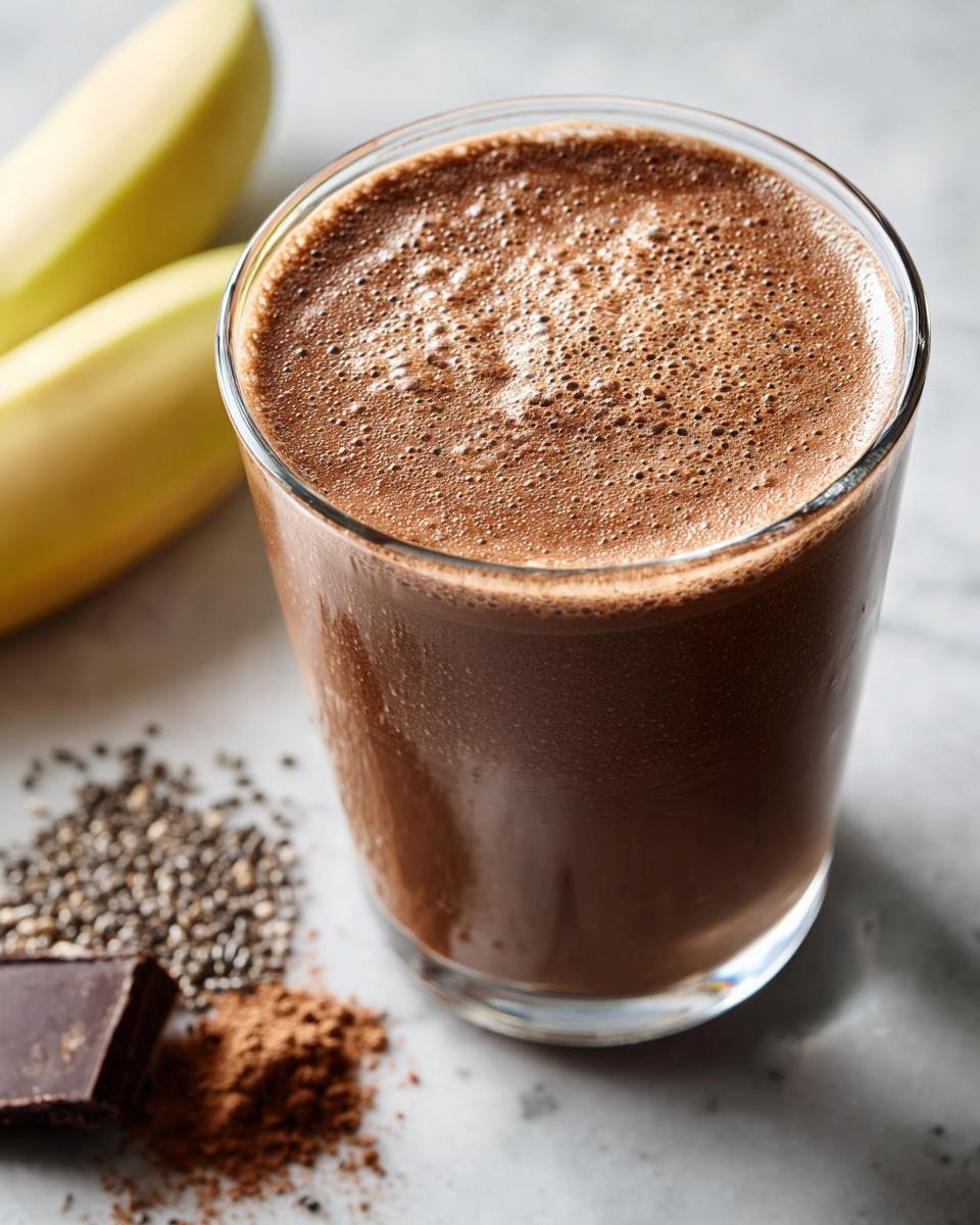 A glass of frothy Vegan Chocolate Protein Shake next to bananas, chia seeds, and cocoa powder.