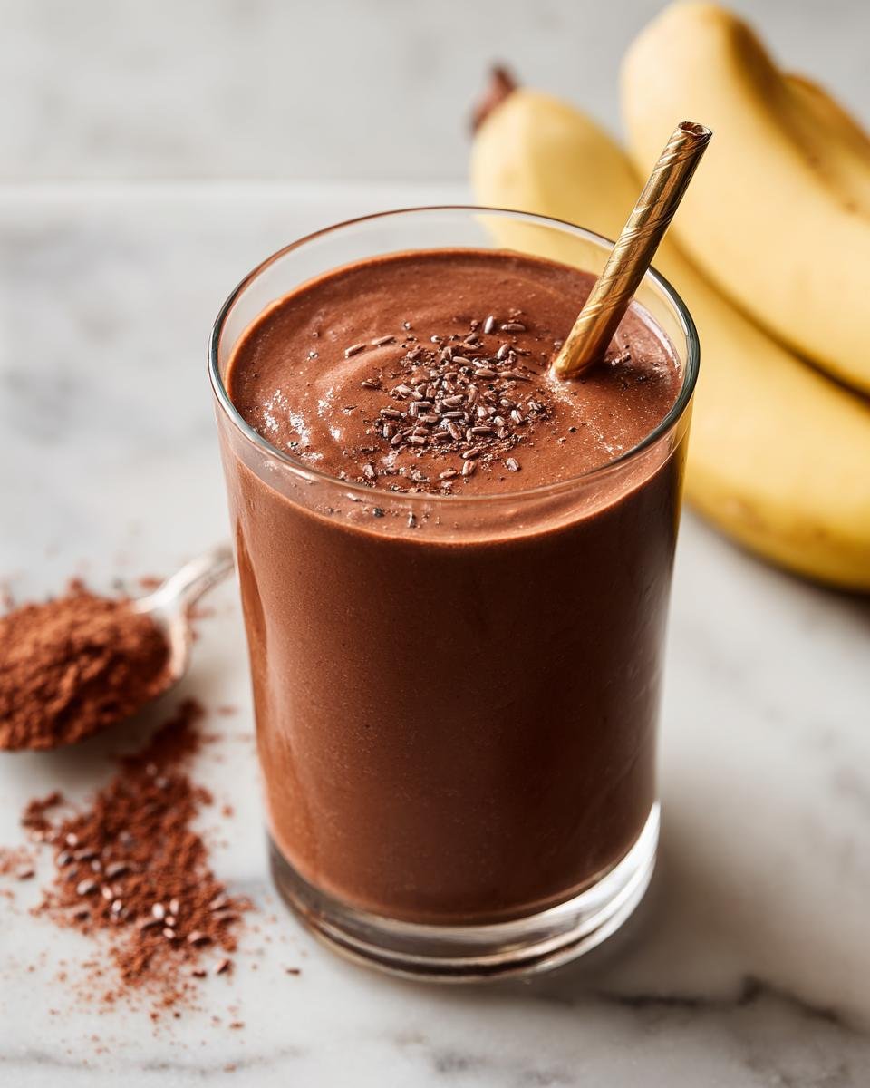 A glass of creamy Vegan Chocolate Protein Shake topped with chocolate shavings, with bananas and cocoa powder in the background.