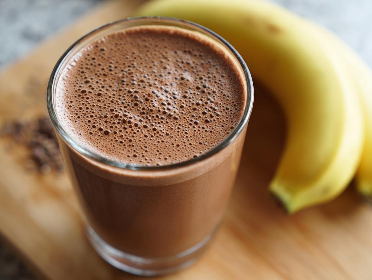A refreshing Vegan Chocolate Protein Shake in a glass, with bananas and cocoa nibs in the background.